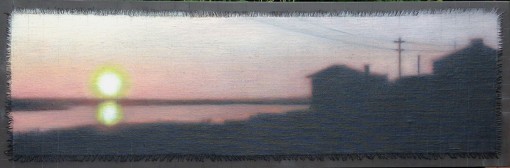 "Affinity/Sunset Reflected", 12"x36". Oil on linen with frayed edges overlaid with graphite gridding.